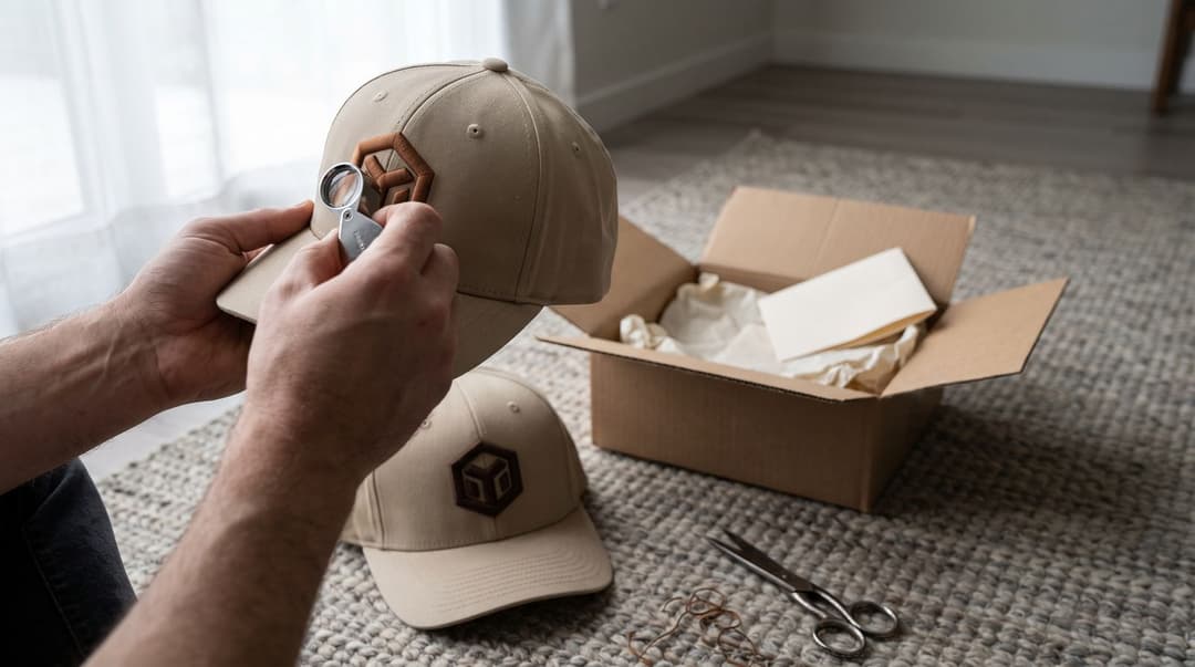 Hands holding a tan cap up to the window and inspecting its raised 3D puff embroidery through a loupe, a second cap with the same mark in flat embroidery, scissors and loose thread ends on the rug, an open sample box behind.