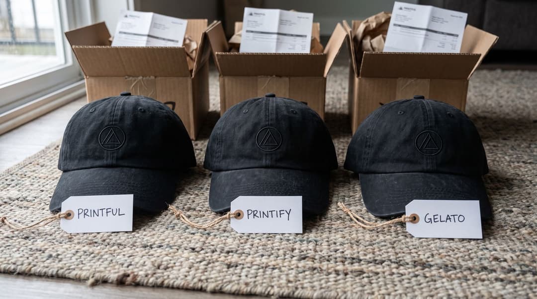 Three identical black dad hats with the same embroidered triangle mark in a row on a rug, each with a handwritten paper tag reading Printful, Printify and Gelato, their open shipping boxes behind.