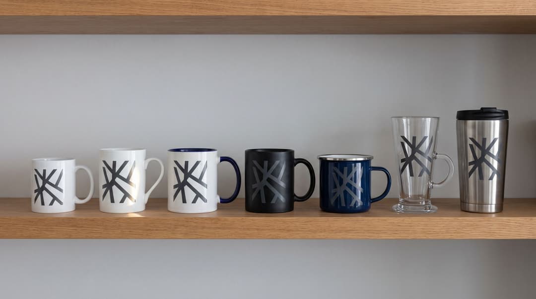 A row of mug types on a wooden shelf, all with the same black geometric print: two white ceramic sizes, a colour-inside mug, a black mug, a navy enamel mug, a glass latte mug and a steel travel mug.