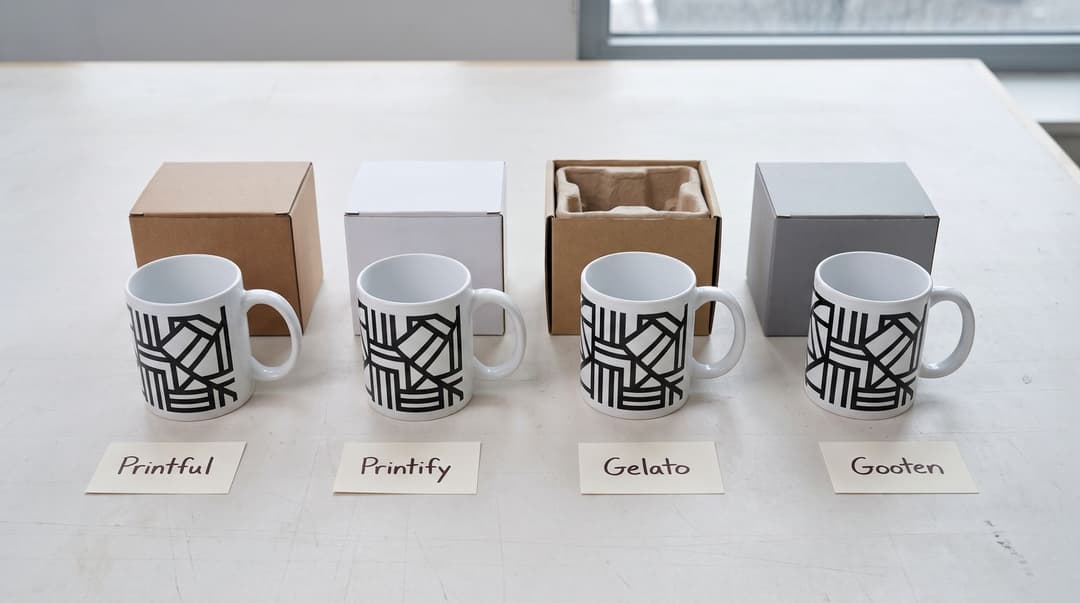 Four near-identical white mugs with the same black geometric print in a row, each in front of a different box, with handwritten tags reading Printful, Printify, Gelato and Gooten.