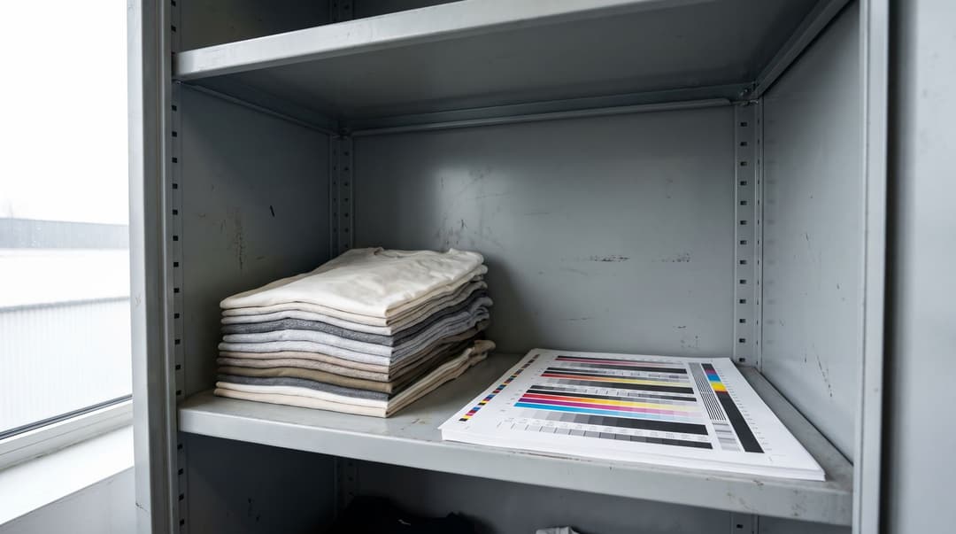 A wide shot of a utilitarian storage cupboard containing stacked blank t-shirts and a printed quality-test sheet used for assessing print consistency.