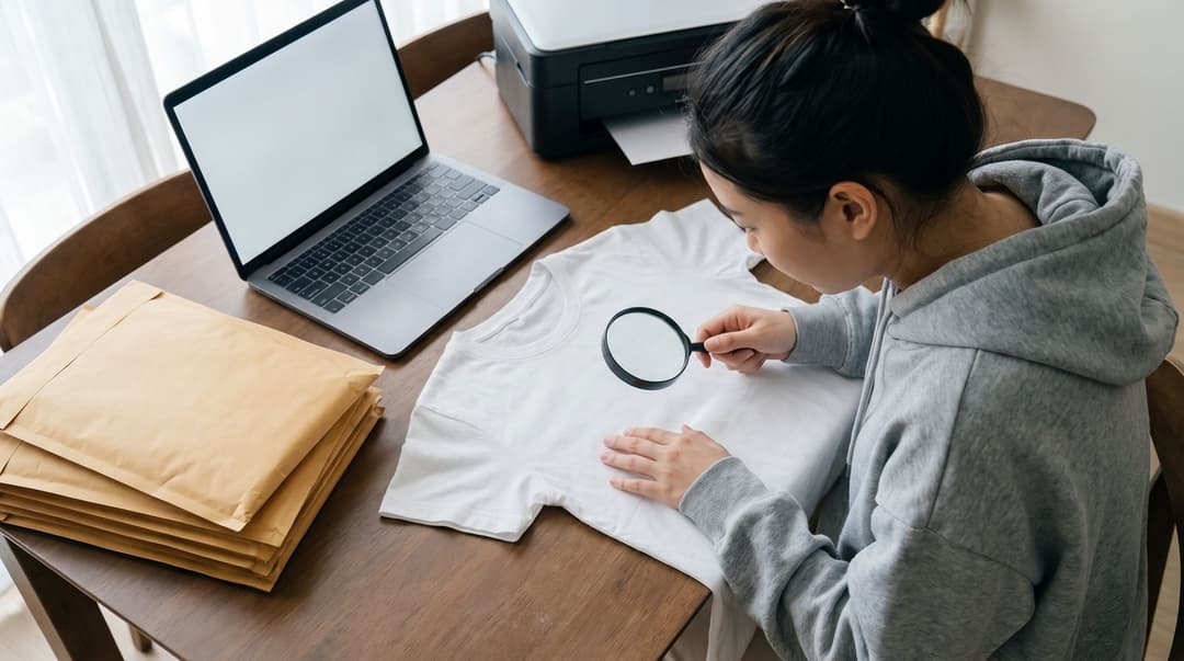 A young woman inspects the print quality of a t-shirt on her cluttered dining table workspace using a magnifying glass.