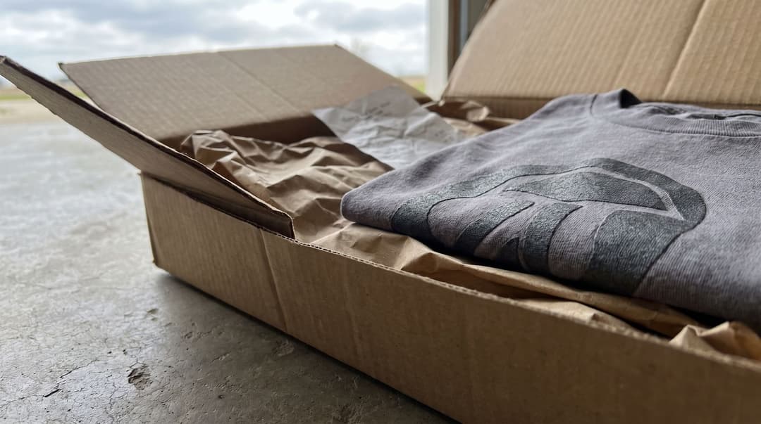 A close-up view of a partially unpacked print-on-demand t-shirt inside a cardboard shipping box on a concrete floor, showing the fabric texture and packing materials.