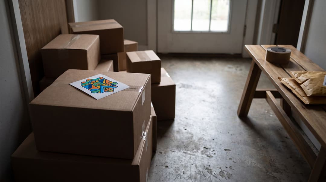 A vibrant, illustrated kiss-cut sticker sits on top of a pile of unopened delivery boxes on a hallway floor.