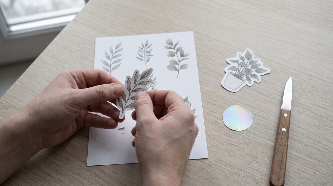 A pair of hands peels a kiss-cut sticker from a themed sticker sheet on a pale wooden table, with a die-cut sticker and a holographic sticker resting nearby.