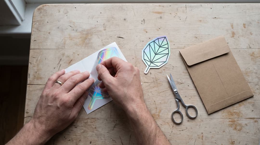 A pair of hands peels a holographic sticker from its backing on a pale wooden table next to a die-cut sticker and a pair of craft scissors.
