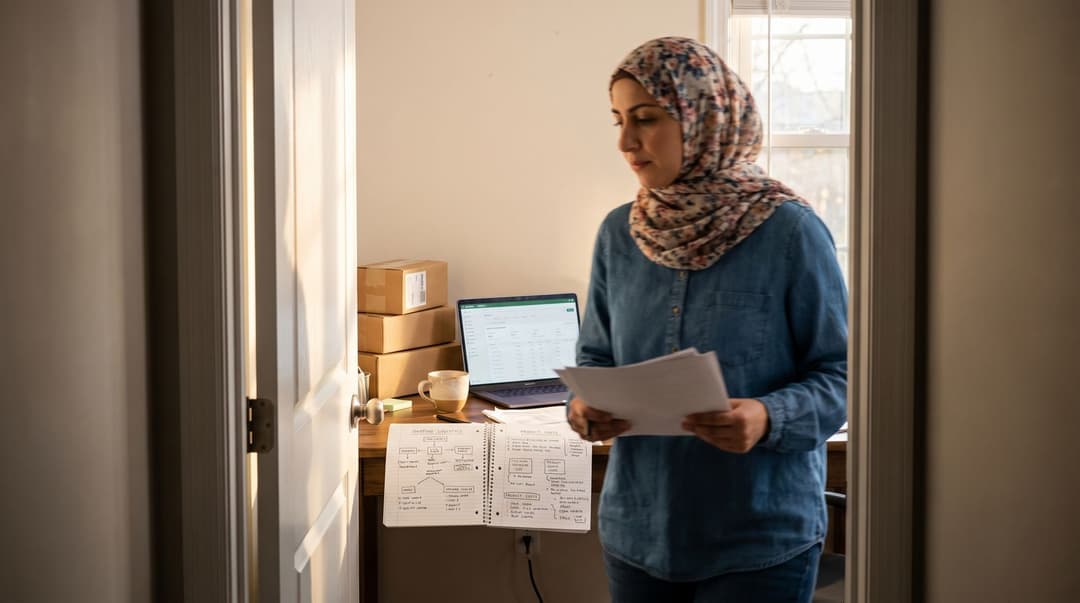 A woman in a headscarf walks through her home office, where an open notebook filled with handwritten notes about business logistics sits on a desk.