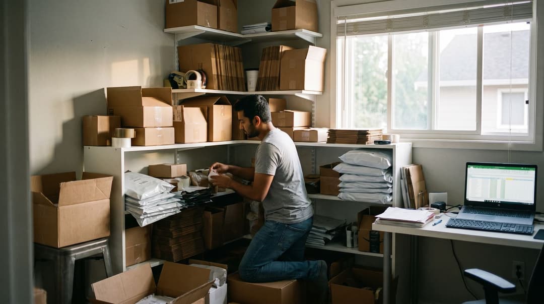 A man organizing shipping supplies and inventory on a cluttered shelf in a home office.