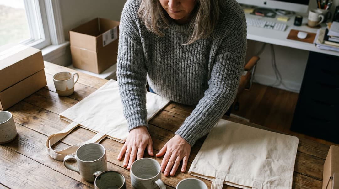 A woman in a knit sweater compares several plain products side-by-side on a wooden table in a home office setting.
