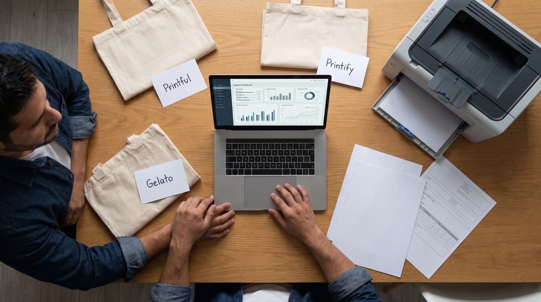 A top-down view of a workspace on a dining table where a man compares three different print-on-demand tote bags labeled for Printful, Printify, and Gelato alongside shipping paperwork and a laptop.