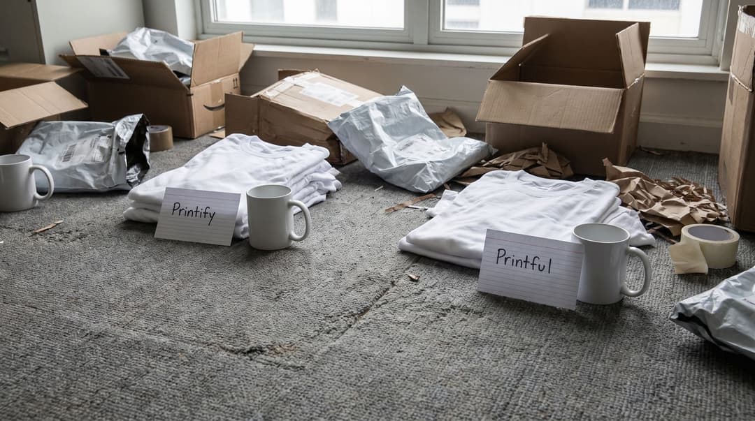 A low-angle view of a floor covered in half-unpacked parcels containing t-shirts and mugs from different print-on-demand suppliers, identified by simple handwritten labels.