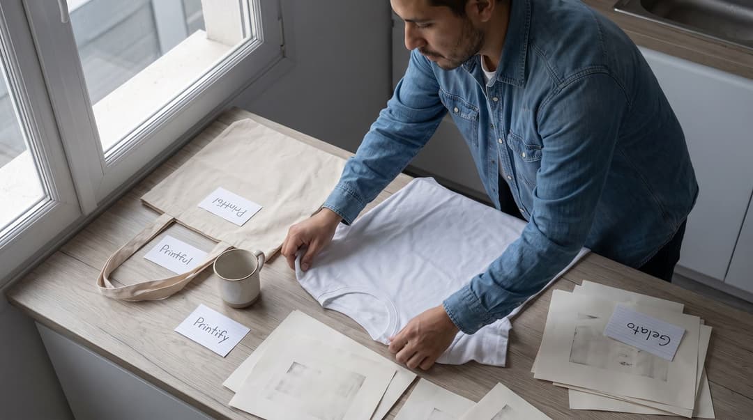 A man in a denim shirt compares different print-on-demand garment samples on a kitchen counter, each labeled with a simple handwritten note to distinguish between suppliers.