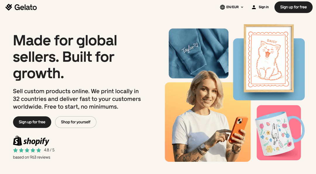 Screenshot of the Gelato homepage with the headline 'Made for global sellers, built for growth,' showing product examples including a personalized mug, embroidered sweatshirt, and custom art print.