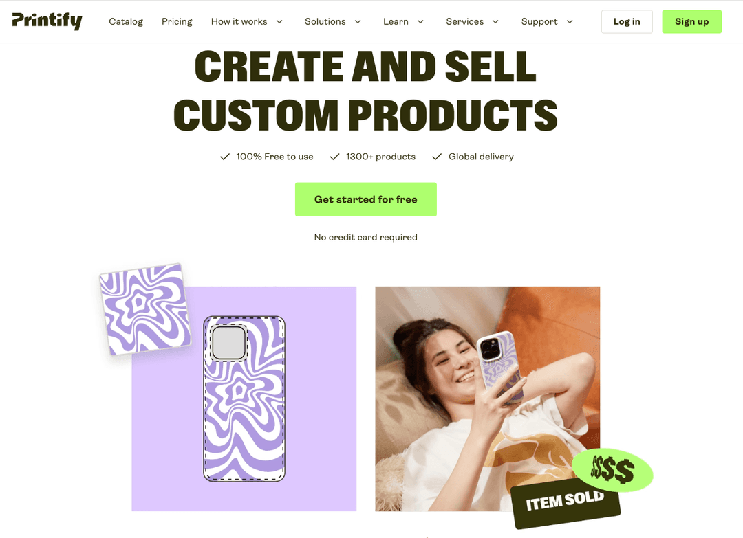 Screenshot of the Printify homepage showing the headline 'Create and sell custom products' with a purple swirl-pattern phone case example and a 'Get started for free' button