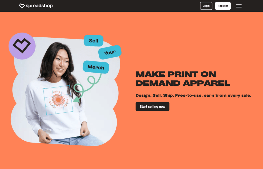 Screenshot of the Spreadshop homepage with the headline 'Make print on demand apparel,' showing a woman wearing a custom-printed sweatshirt.