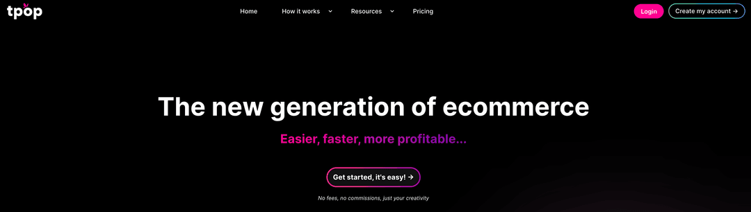Screenshot of the Tpop homepage with a dark background and the headline 'The new generation of ecommerce.