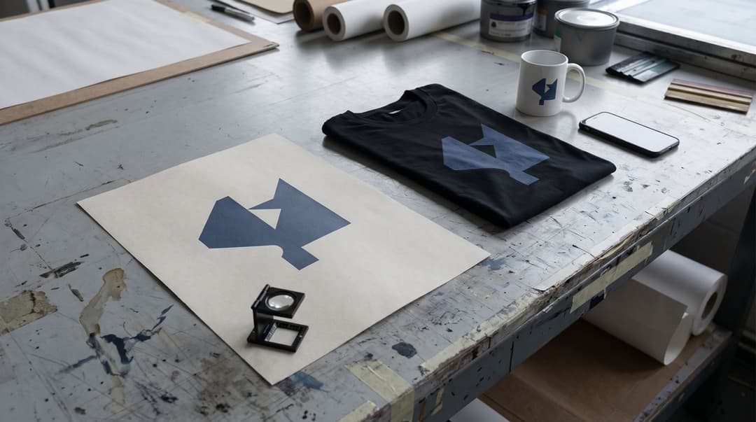 The three review samples on a paint-marked workbench: a matte poster, a folded black t-shirt and a white mug with the same navy print, a loupe resting on the poster and a phone beside them.