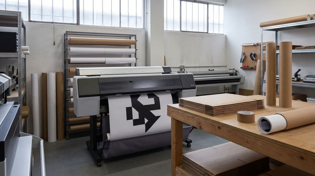 A small print workshop with a large-format printer mid-way through a poster, rolls of paper on a rack behind it and a packing bench with kraft tubes, flat mailers and tape.