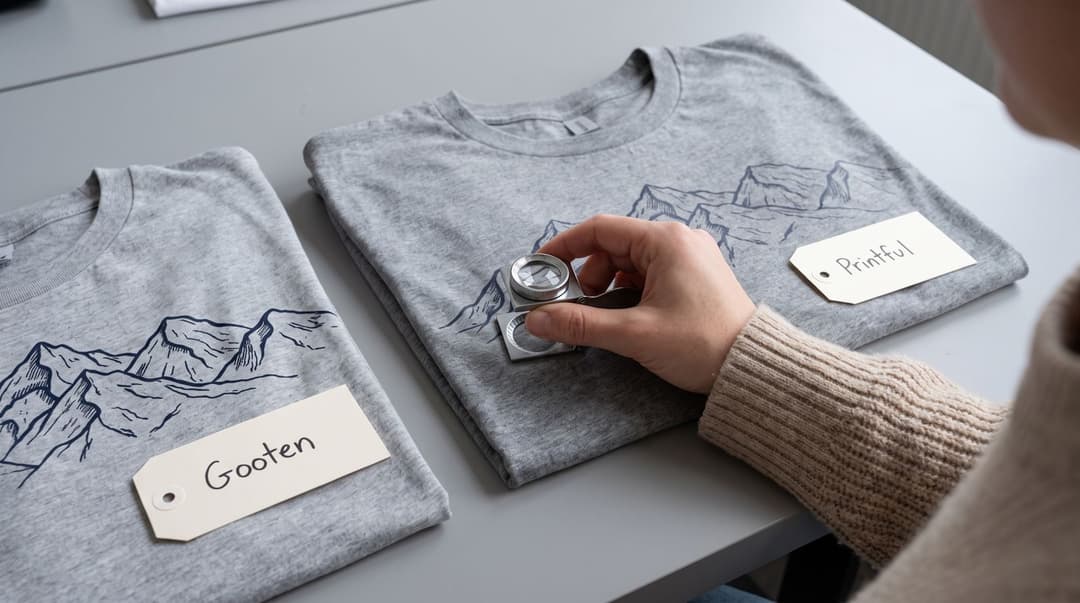 A hand holds a loupe over the mountain-range print on a grey t-shirt tagged Printful, with the same shirt tagged Gooten beside it for comparison.