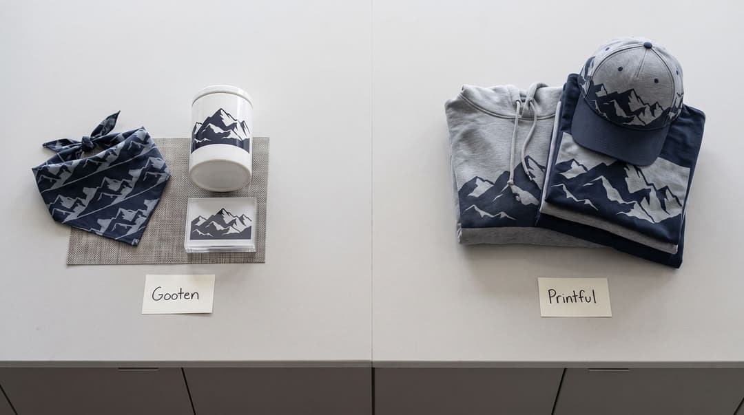 Two catalogs of the same mountain-range design on a counter: a dog bandana, canister, placemat and acrylic block tagged Gooten, a hoodie, tee and cap tagged Printful.