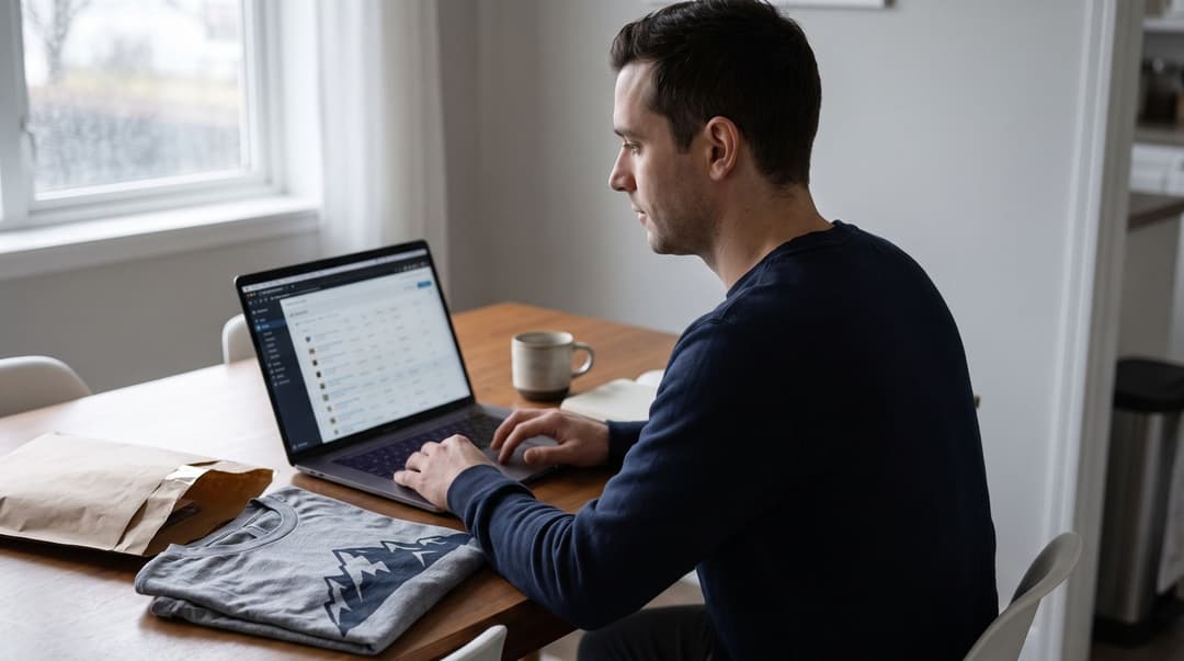 A man sitting at a dining table workspace uses a laptop to manage e-commerce orders, with a printed t-shirt and shipping supplies laid out beside him.