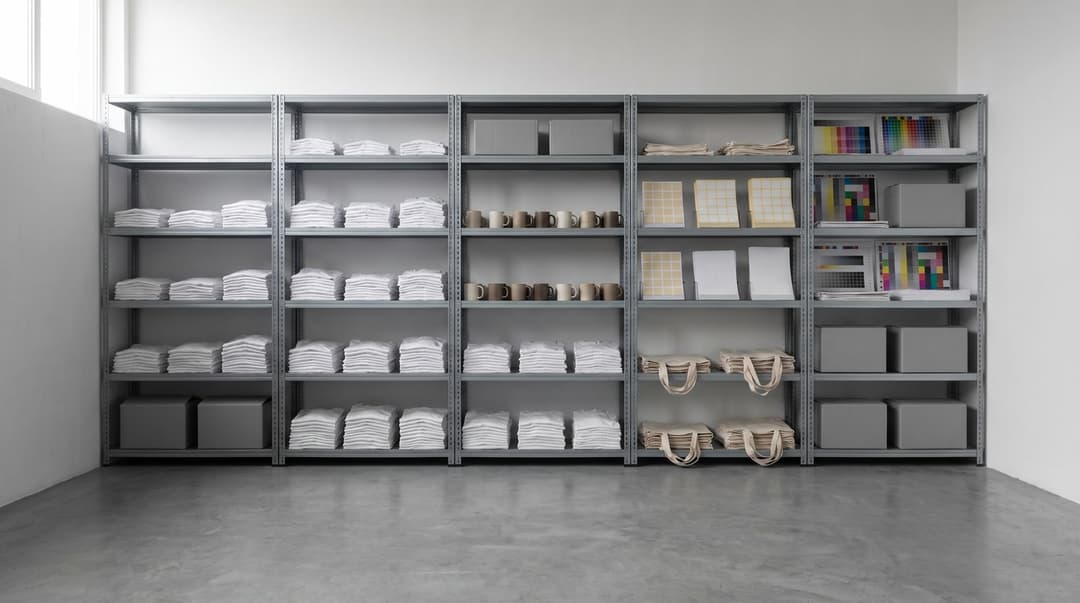 A wide view of a minimalist, industrial storage room featuring shelves filled with unbranded stacks of blank apparel, mugs, and print quality test sheets.