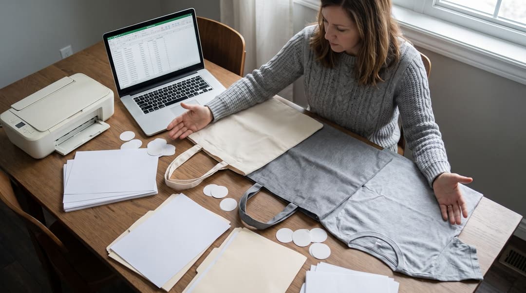 A woman in a knit sweater compares custom-printed tote bags and a t-shirt on a cluttered dining table used as a workspace, with a laptop and print-quality test sheets nearby.