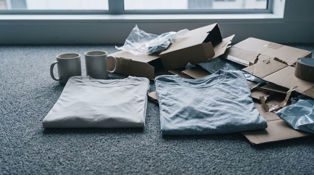 A close-up view of blank t-shirts and mugs from different suppliers laid out on a carpeted floor to compare material quality and print consistency.