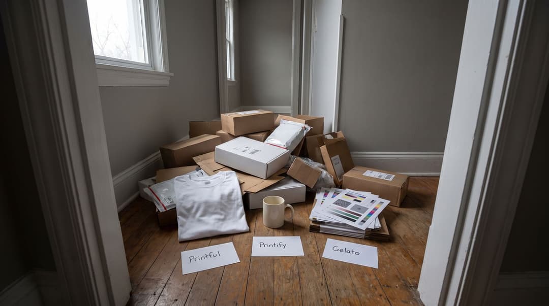 A collection of shipping boxes and print-on-demand product samples including a t-shirt and mug sit on a hallway floor, each marked with a simple handwritten label to distinguish between different suppliers.