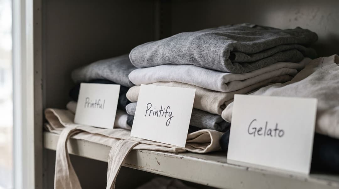 A close-up view of supplier product samples including t-shirts and a tote bag on a metal shelf, each identified by a plain handwritten index card.