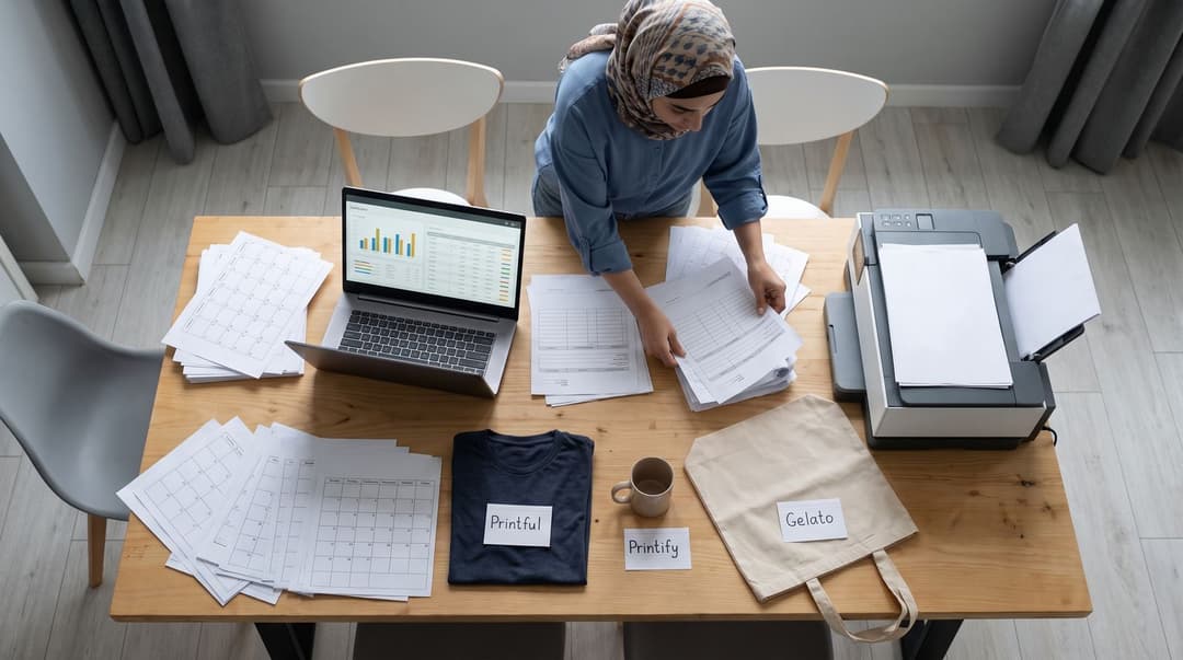 A woman in a headscarf reviews shipping orders on a laptop at a workspace cluttered with print-on-demand product samples labeled for supplier comparison.