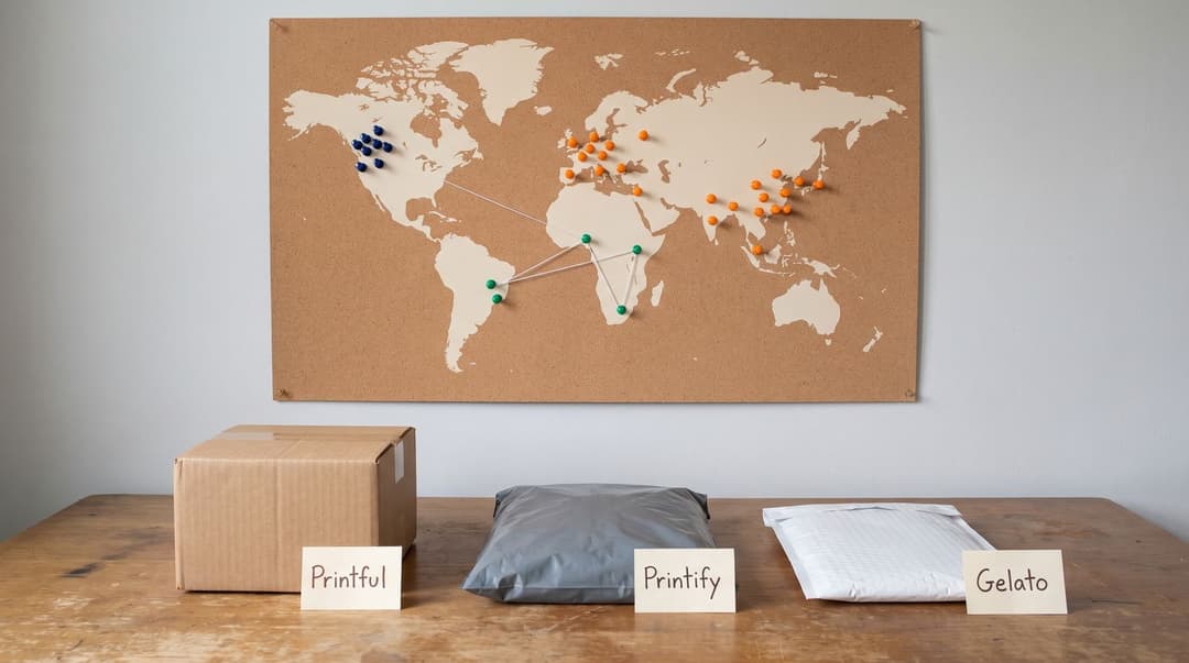 A cork world map with three colours of push pins, a navy cluster, scattered orange pins and green pins joined by thread, above a desk with three parcels tagged Printful, Printify and Gelato.