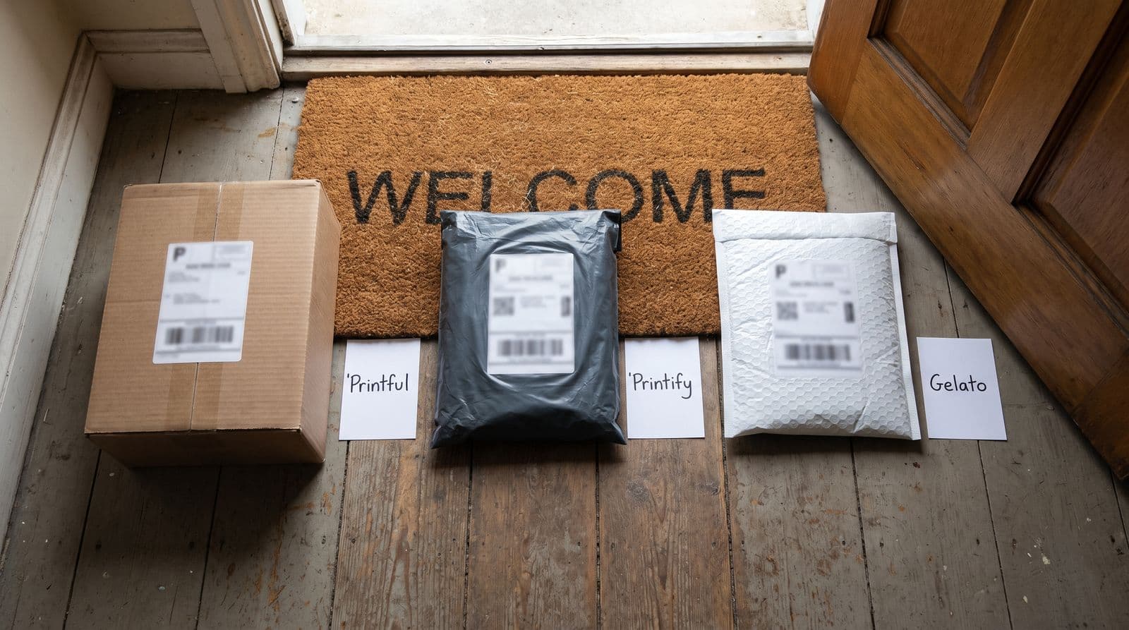 Three delivered parcels on a hallway floor inside a front door, a kraft carton, a grey poly mailer and a white padded envelope, each with a handwritten tag reading Printful, Printify and Gelato.