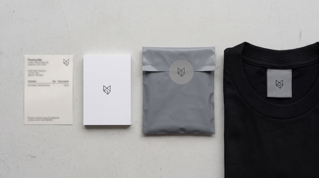 The four white-label pieces laid out in a row: a packing slip, an insert card, a grey poly mailer with a round sticker on the flap, and a black t-shirt collar showing a printed neck label, each carrying the same store mark.