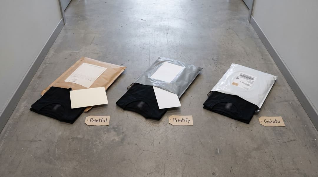 Three opened parcels on a concrete floor, each with the same black t-shirt half out, a kraft mailer with slip and card, a grey mailer with a single card, and a plain white mailer, tagged Printful, Printify and Gelato.