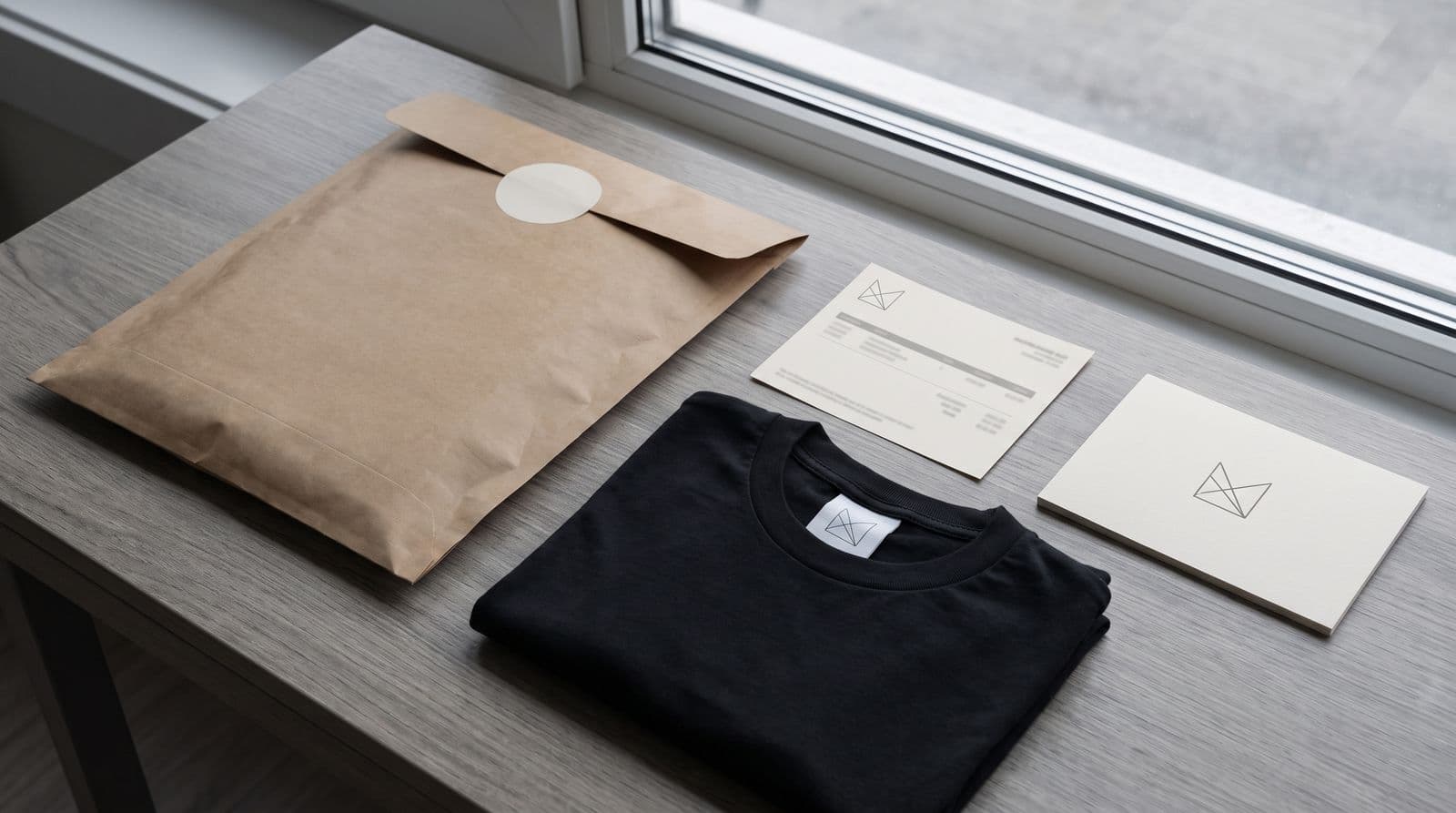 A branded print-on-demand order unpacked on a table by a window: a kraft mailer with a round sticker, a folded black t-shirt with a printed neck label, a packing slip and a thank-you card, all carrying the same small store mark.