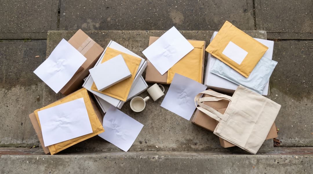 A pile of unopened delivery boxes and assorted print-on-demand test materials like tote bags and sample sheets sits on a plain concrete front step in overcast light.