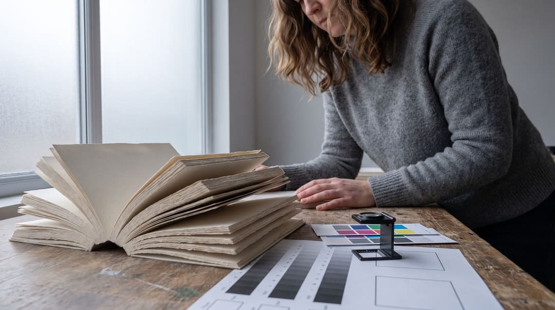 A woman in a knit sweater examines the paper quality and print density of several open book blocks laid out on a neutral workspace for a comparative analysis.