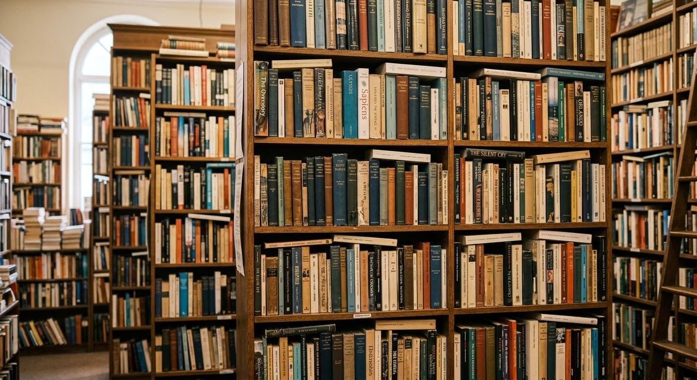 Tall wooden shelves packed with secondhand books in a bookshop, with a ladder and an arched window in the background