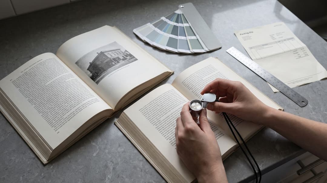Hands use a jeweler's loupe to inspect the print quality of two open paperback books laid out on a kitchen counter alongside a color swatch fan and a ruler.
