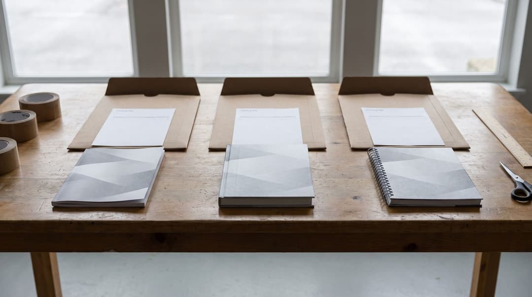 Three different types of printed books—a paperback, a hardcover, and a spiral-bound journal—are laid out on a dining table, each accompanied by its own opened kraft mailer and a blank packing slip.