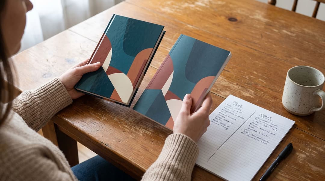A woman compares a hardcover and a paperback copy of the same book, both with a printed abstract cover, at a dining table with a handwritten pros-and-cons list beside them.