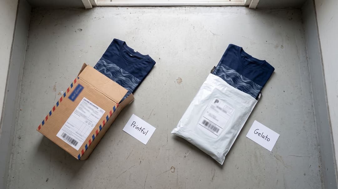 Two parcels on a doorstep with the same navy wave-print tee half out of each: an airmail carton with a customs declaration tagged Printful, and a plain white mailer with a domestic label tagged Gelato.