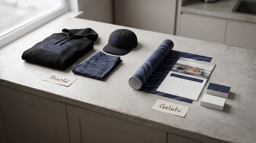 Two product groups with the same navy wave design on a kitchen counter: a hoodie, embroidered cap and leggings tagged Printful, and a rolled poster, wall calendar and business cards tagged Gelato.