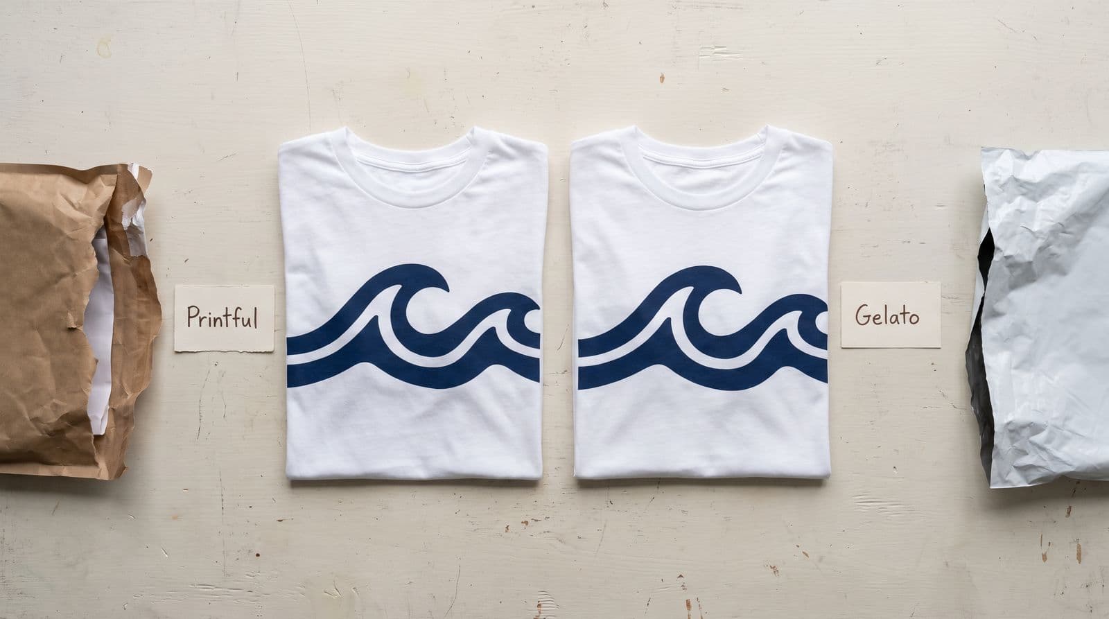 Two folded white t-shirts with the same navy wave print side by side on a pale table, one tagged Printful beside a torn kraft mailer and one tagged Gelato beside a white poly mailer.