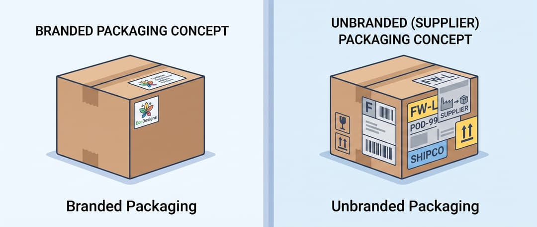 A side-by-side illustration comparing branded packaging, a box with a custom logo and clean labeling, against unbranded supplier packaging, a box covered in generic shipping labels and barcodes.