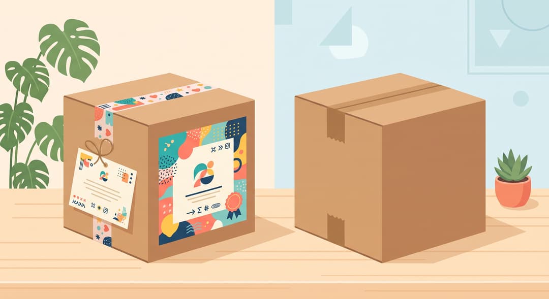An illustration comparing a custom-branded cardboard box with colorful decorative packaging and a gift tag against a plain, unmarked cardboard box, both on a wooden floor with potted plants nearby
