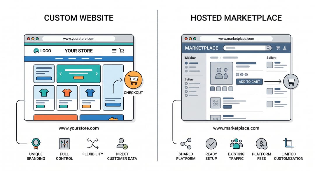 A diagram comparing a custom website storefront, offering unique branding, full control, flexibility, and direct customer data, against a hosted marketplace, offering a shared platform, ready setup, and existing traffic but with platform fees and limited customization