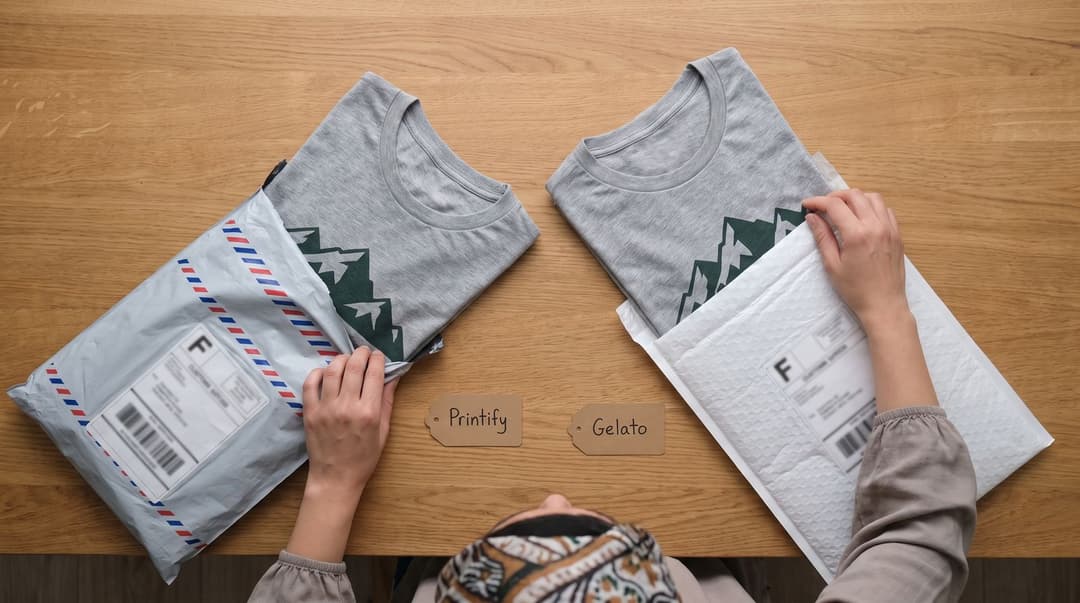 Hands opening two parcels on a kitchen table, each with the same grey mountain-print tee: an airmail-striped mailer with a customs label tagged Printify and a plain white padded mailer tagged Gelato.