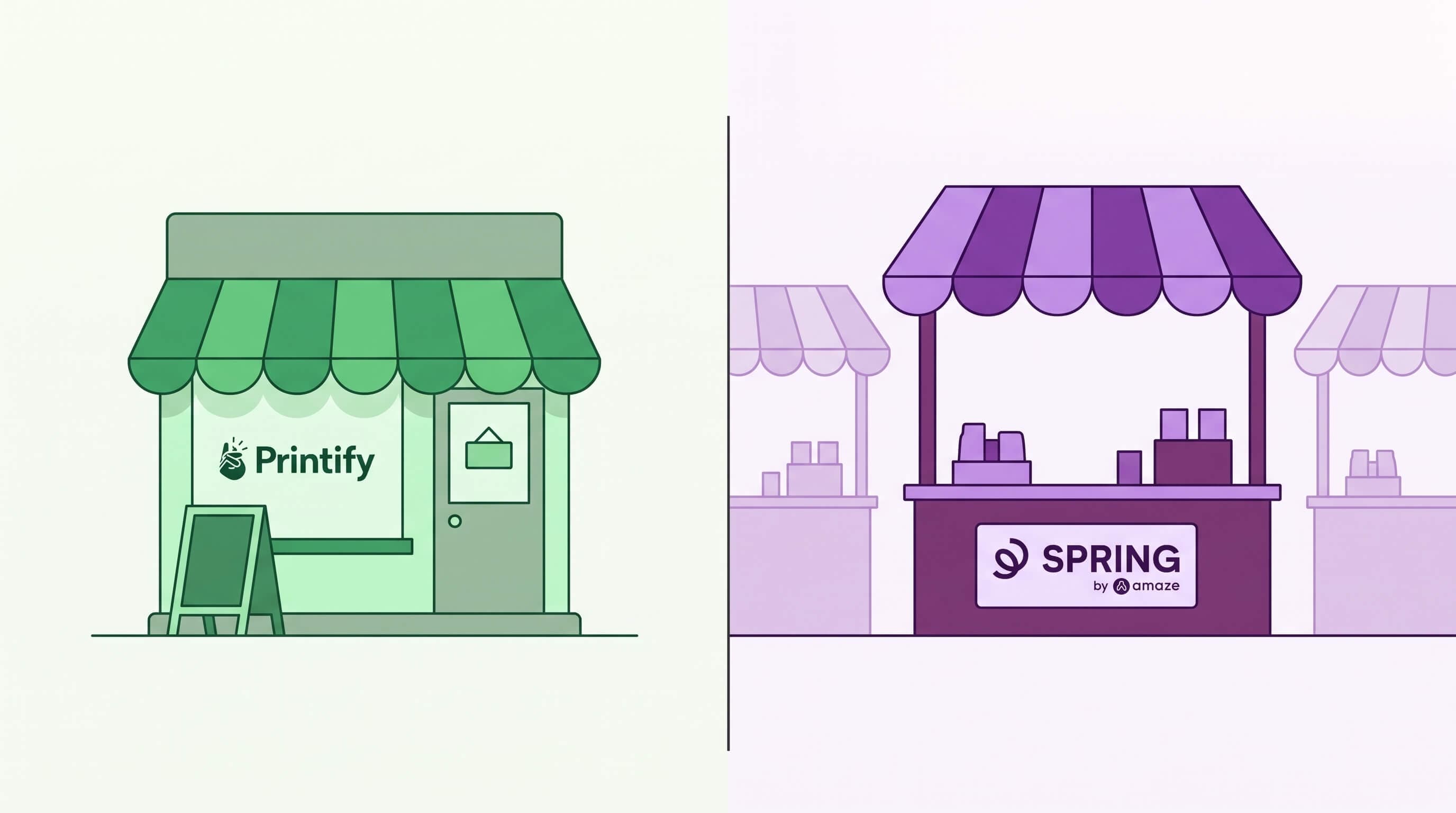 Split illustration comparing a Printify shopfront with a Spring market stall among neighbouring stalls